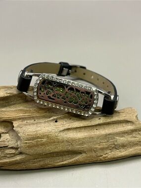 Black Leather Rhinestone Locket Bracelet Heart Cutout Essential Oil Diffuser